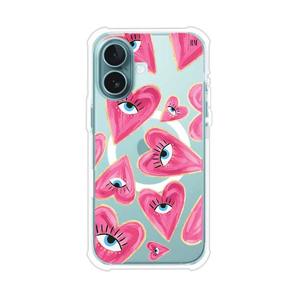 Funda para iPhone con corazones rosas ilustrados y ojos, diseño artístico y romántico. Ideal para expresar amor con estilo. Producto de Remark Mx