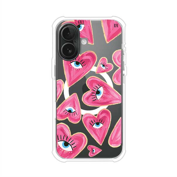 Funda para iPhone con corazones rosas ilustrados y ojos, diseño artístico y romántico. Ideal para expresar amor con estilo. Producto de Remark Mx