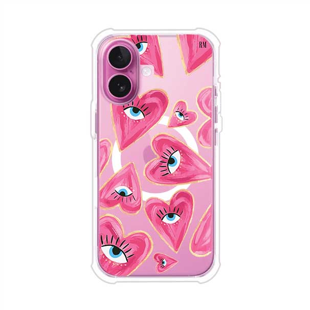 Funda para iPhone con corazones rosas ilustrados y ojos, diseño artístico y romántico. Ideal para expresar amor con estilo. Producto de Remark Mx
