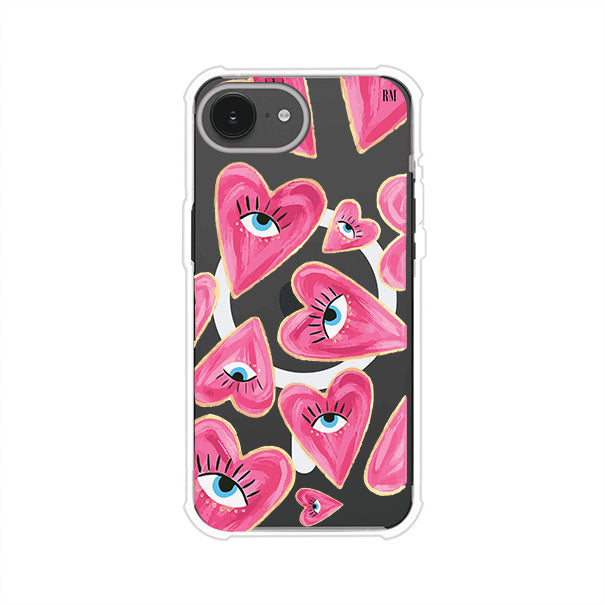Funda para iPhone con corazones rosas ilustrados y ojos, diseño artístico y romántico. Ideal para expresar amor con estilo. Producto de Remark Mx