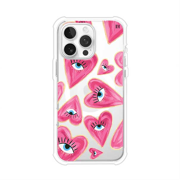 Funda para iPhone con corazones rosas ilustrados y ojos, diseño artístico y romántico. Ideal para expresar amor con estilo. Producto de Remark Mx