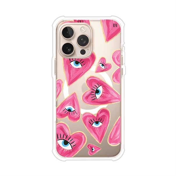 Funda para iPhone con corazones rosas ilustrados y ojos, diseño artístico y romántico. Ideal para expresar amor con estilo. Producto de Remark Mx
