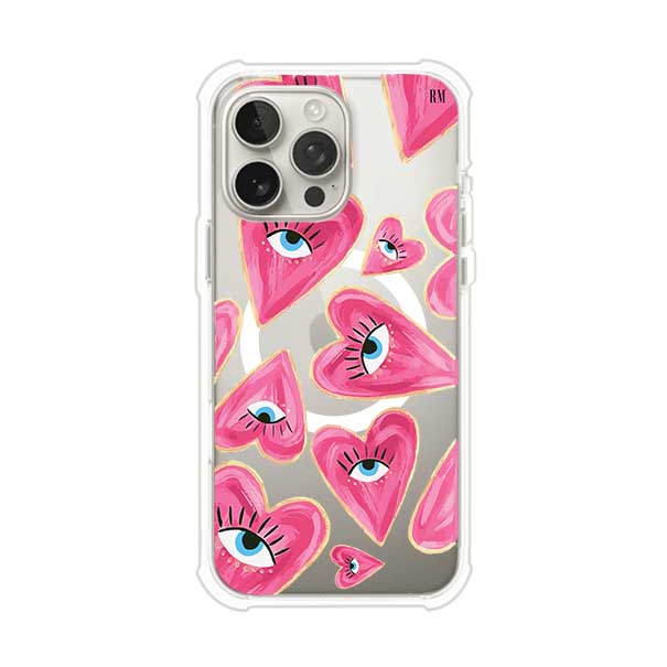 Funda para iPhone con corazones rosas ilustrados y ojos, diseño artístico y romántico. Ideal para expresar amor con estilo. Producto de Remark Mx