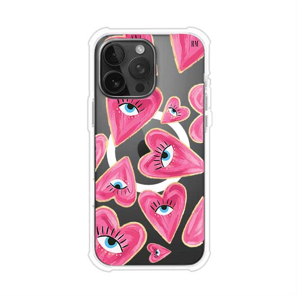 Funda para iPhone con corazones rosas ilustrados y ojos, diseño artístico y romántico. Ideal para expresar amor con estilo. Producto de Remark Mx