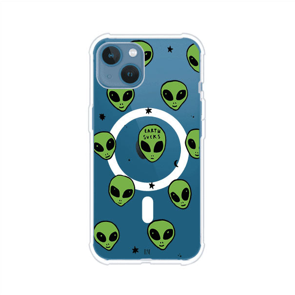 Funda para iPhone con diseño de alienígenas verdes y frase "Earth Sucks", fondo negro con detalles espaciales. Estilo divertido y rebelde. Producto de Remark MX