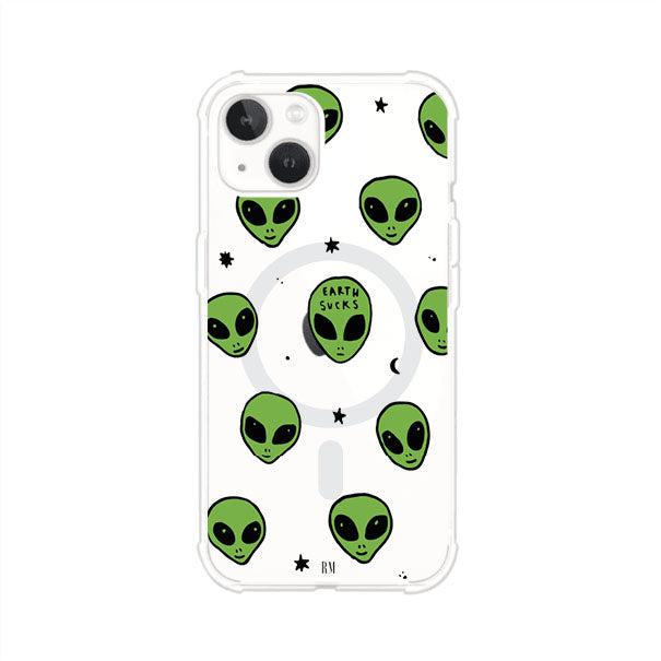Funda para iPhone con diseño de alienígenas verdes y frase "Earth Sucks", fondo negro con detalles espaciales. Estilo divertido y rebelde. Producto de Remark MX