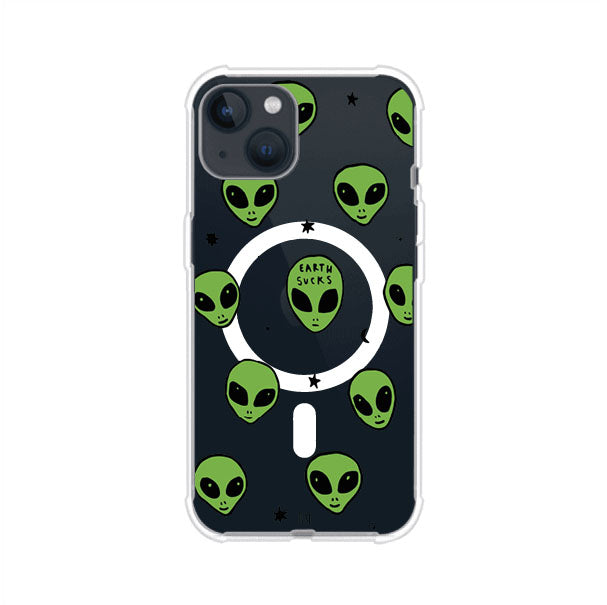 Funda para iPhone con diseño de alienígenas verdes y frase "Earth Sucks", fondo negro con detalles espaciales. Estilo divertido y rebelde. Producto de Remark MX