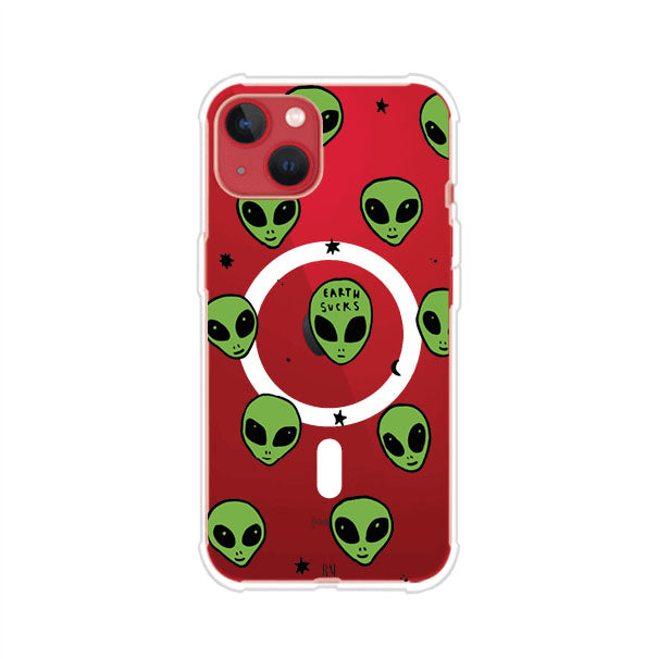 Funda para iPhone con diseño de alienígenas verdes y frase "Earth Sucks", fondo negro con detalles espaciales. Estilo divertido y rebelde. Producto de Remark MX