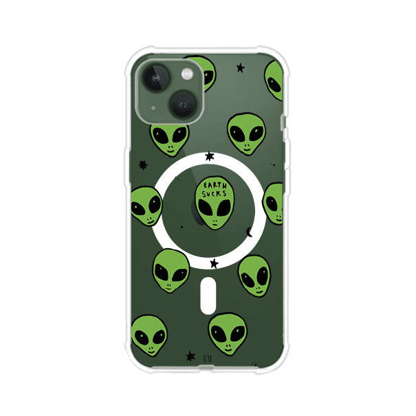 Funda para iPhone con diseño de alienígenas verdes y frase "Earth Sucks", fondo negro con detalles espaciales. Estilo divertido y rebelde. Producto de Remark MX