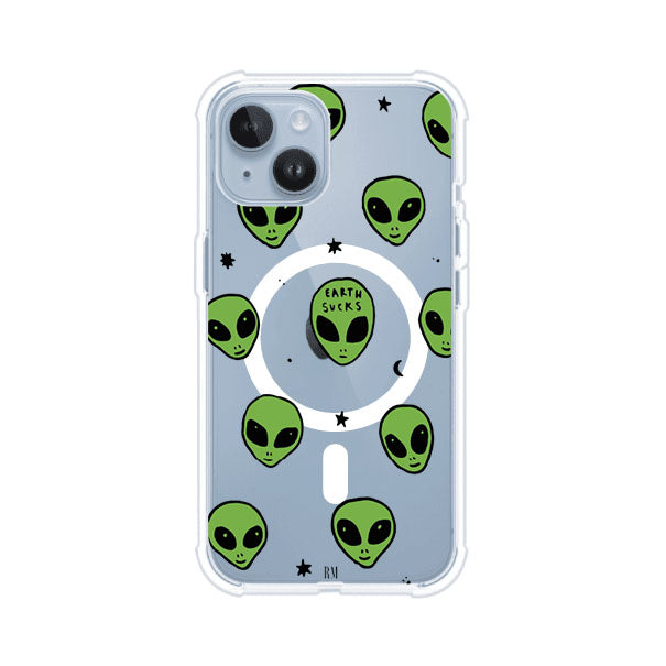 Funda para iPhone con diseño de alienígenas verdes y frase "Earth Sucks", fondo negro con detalles espaciales. Estilo divertido y rebelde. Producto de Remark MX
