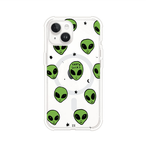 Funda para iPhone con diseño de alienígenas verdes y frase "Earth Sucks", fondo negro con detalles espaciales. Estilo divertido y rebelde. Producto de Remark MX