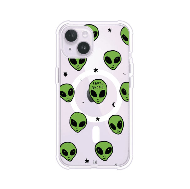 Funda para iPhone con diseño de alienígenas verdes y frase "Earth Sucks", fondo negro con detalles espaciales. Estilo divertido y rebelde. Producto de Remark MX