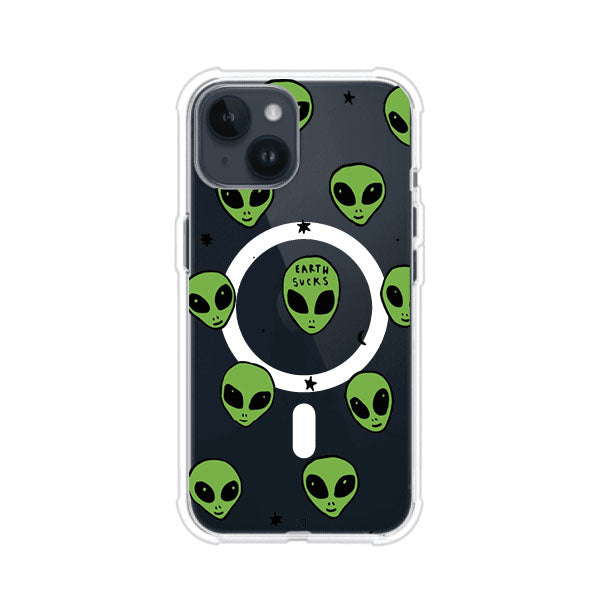 Funda para iPhone con diseño de alienígenas verdes y frase "Earth Sucks", fondo negro con detalles espaciales. Estilo divertido y rebelde. Producto de Remark MX