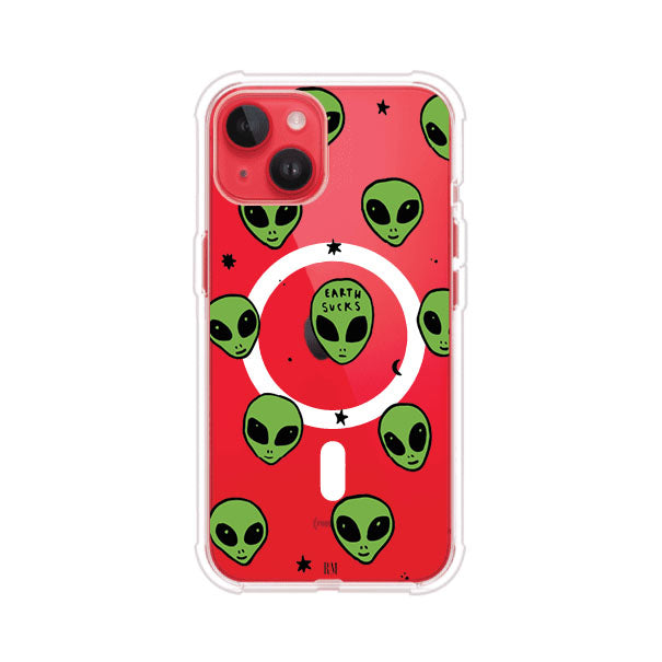 Funda para iPhone con diseño de alienígenas verdes y frase "Earth Sucks", fondo negro con detalles espaciales. Estilo divertido y rebelde. Producto de Remark MX
