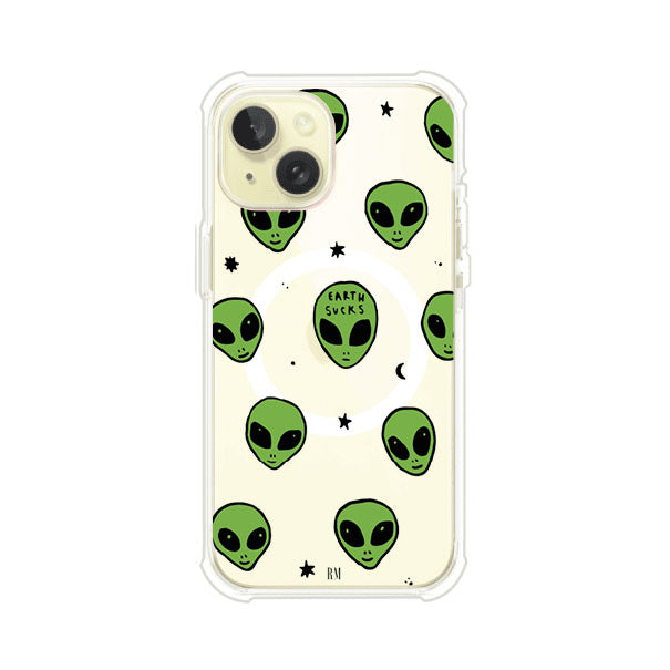 Funda para iPhone con diseño de alienígenas verdes y frase "Earth Sucks", fondo negro con detalles espaciales. Estilo divertido y rebelde. Producto de Remark MX