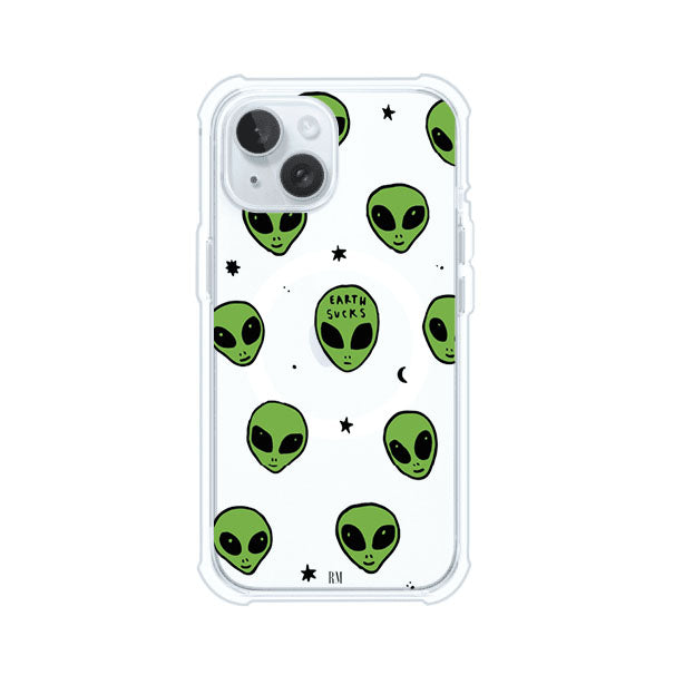 Funda para iPhone con diseño de alienígenas verdes y frase "Earth Sucks", fondo negro con detalles espaciales. Estilo divertido y rebelde. Producto de Remark MX