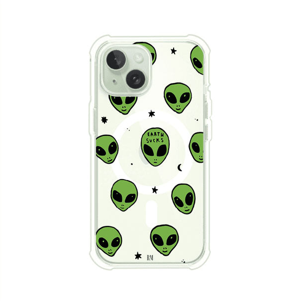 Funda para iPhone con diseño de alienígenas verdes y frase "Earth Sucks", fondo negro con detalles espaciales. Estilo divertido y rebelde. Producto de Remark MX