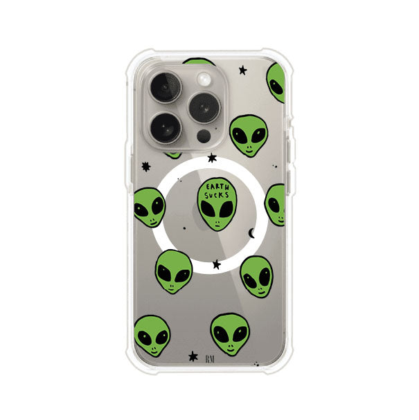 Funda para iPhone con diseño de alienígenas verdes y frase "Earth Sucks", fondo negro con detalles espaciales. Estilo divertido y rebelde. Producto de Remark MX