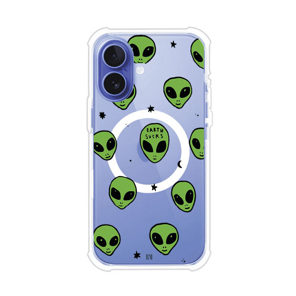 Funda para iPhone con diseño de alienígenas verdes y frase "Earth Sucks", fondo negro con detalles espaciales. Estilo divertido y rebelde. Producto de Remark MX
