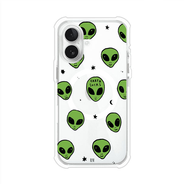 Funda para iPhone con diseño de alienígenas verdes y frase "Earth Sucks", fondo negro con detalles espaciales. Estilo divertido y rebelde. Producto de Remark MX