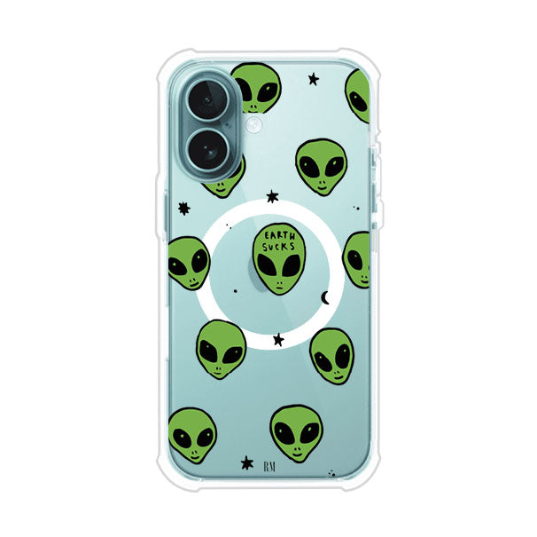 Funda para iPhone con diseño de alienígenas verdes y frase "Earth Sucks", fondo negro con detalles espaciales. Estilo divertido y rebelde. Producto de Remark MX
