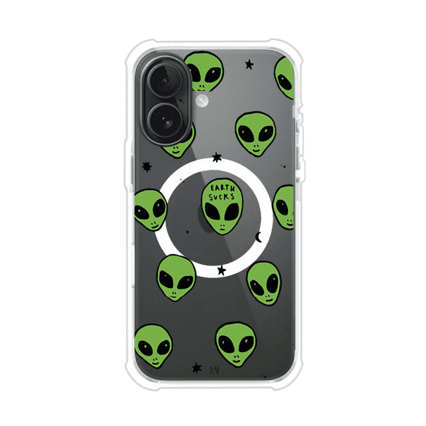 Funda para iPhone con diseño de alienígenas verdes y frase "Earth Sucks", fondo negro con detalles espaciales. Estilo divertido y rebelde. Producto de Remark MX