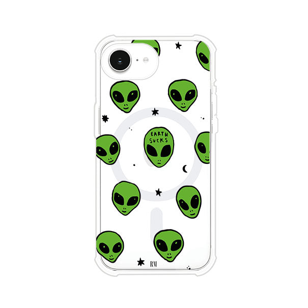 Funda para iPhone con diseño de alienígenas verdes y frase "Earth Sucks", fondo negro con detalles espaciales. Estilo divertido y rebelde. Producto de Remark MX