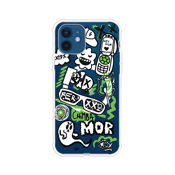 Funda para iPhone con diseño inspirado en FERXXO. Incluye stickers con frases como “CHIMBA MOR”, íconos urbanos y colores verde neón y negro. Estilo reggaetonero y atrevido, ideal para fans de Feid. Producto de Remark Mx