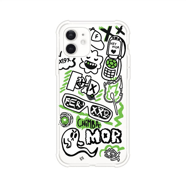 Funda para iPhone con diseño inspirado en FERXXO. Incluye stickers con frases como “CHIMBA MOR”, íconos urbanos y colores verde neón y negro. Estilo reggaetonero y atrevido, ideal para fans de Feid. Producto de Remark Mx