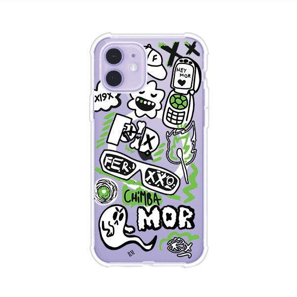 Funda para iPhone con diseño inspirado en FERXXO. Incluye stickers con frases como “CHIMBA MOR”, íconos urbanos y colores verde neón y negro. Estilo reggaetonero y atrevido, ideal para fans de Feid. Producto de Remark Mx