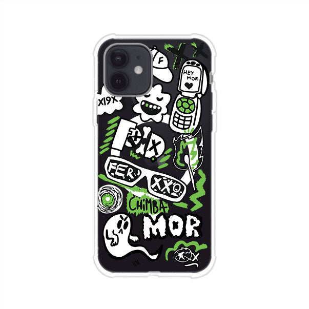 Funda para iPhone con diseño inspirado en FERXXO. Incluye stickers con frases como “CHIMBA MOR”, íconos urbanos y colores verde neón y negro. Estilo reggaetonero y atrevido, ideal para fans de Feid. Producto de Remark Mx