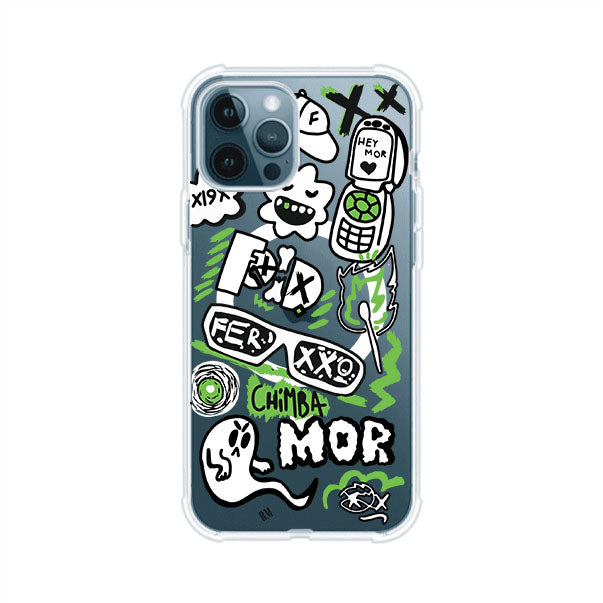 Funda para iPhone con diseño inspirado en FERXXO. Incluye stickers con frases como “CHIMBA MOR”, íconos urbanos y colores verde neón y negro. Estilo reggaetonero y atrevido, ideal para fans de Feid. Producto de Remark Mx