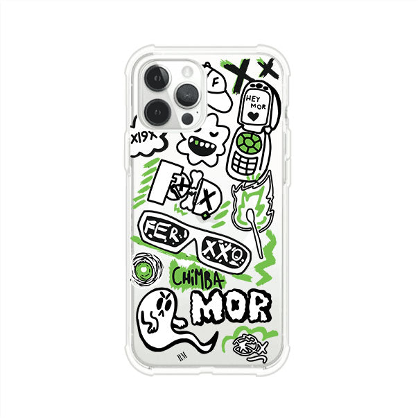 Funda para iPhone con diseño inspirado en FERXXO. Incluye stickers con frases como “CHIMBA MOR”, íconos urbanos y colores verde neón y negro. Estilo reggaetonero y atrevido, ideal para fans de Feid. Producto de Remark Mx