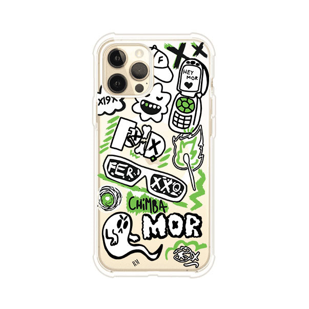 Funda para iPhone con diseño inspirado en FERXXO. Incluye stickers con frases como “CHIMBA MOR”, íconos urbanos y colores verde neón y negro. Estilo reggaetonero y atrevido, ideal para fans de Feid. Producto de Remark Mx