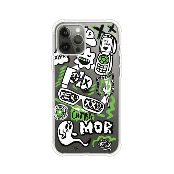 Funda para iPhone con diseño inspirado en FERXXO. Incluye stickers con frases como “CHIMBA MOR”, íconos urbanos y colores verde neón y negro. Estilo reggaetonero y atrevido, ideal para fans de Feid. Producto de Remark Mx