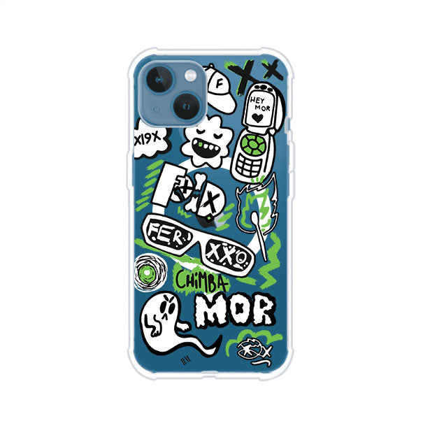 Funda para iPhone con diseño inspirado en FERXXO. Incluye stickers con frases como “CHIMBA MOR”, íconos urbanos y colores verde neón y negro. Estilo reggaetonero y atrevido, ideal para fans de Feid. Producto de Remark Mx
