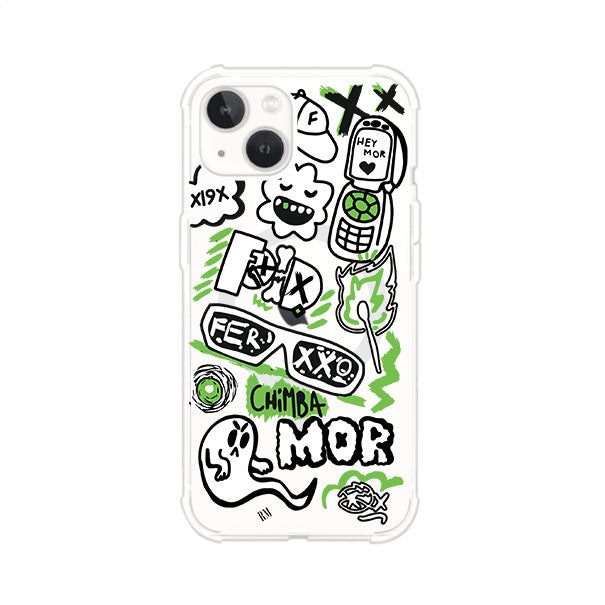 Funda para iPhone con diseño inspirado en FERXXO. Incluye stickers con frases como “CHIMBA MOR”, íconos urbanos y colores verde neón y negro. Estilo reggaetonero y atrevido, ideal para fans de Feid. Producto de Remark Mx