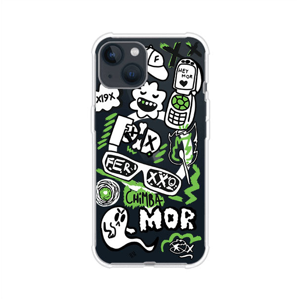 Funda para iPhone con diseño inspirado en FERXXO. Incluye stickers con frases como “CHIMBA MOR”, íconos urbanos y colores verde neón y negro. Estilo reggaetonero y atrevido, ideal para fans de Feid. Producto de Remark Mx