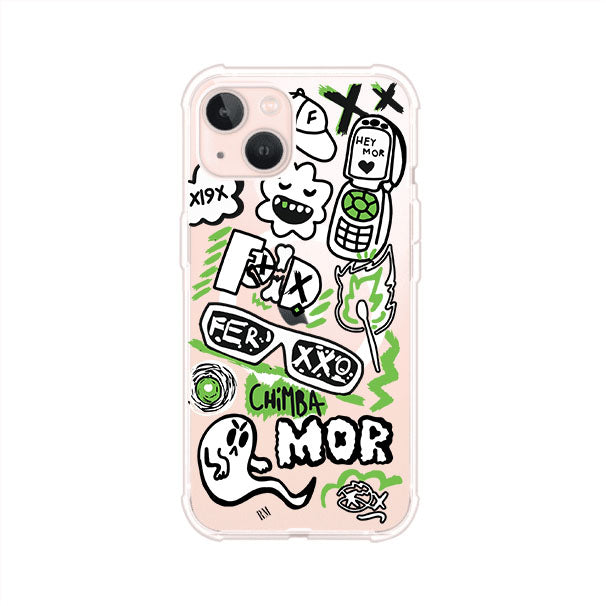 Funda para iPhone con diseño inspirado en FERXXO. Incluye stickers con frases como “CHIMBA MOR”, íconos urbanos y colores verde neón y negro. Estilo reggaetonero y atrevido, ideal para fans de Feid. Producto de Remark Mx