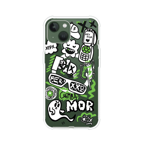 Funda para iPhone con diseño inspirado en FERXXO. Incluye stickers con frases como “CHIMBA MOR”, íconos urbanos y colores verde neón y negro. Estilo reggaetonero y atrevido, ideal para fans de Feid. Producto de Remark Mx