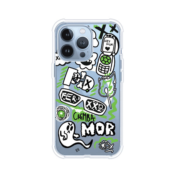 Funda para iPhone con diseño inspirado en FERXXO. Incluye stickers con frases como “CHIMBA MOR”, íconos urbanos y colores verde neón y negro. Estilo reggaetonero y atrevido, ideal para fans de Feid. Producto de Remark Mx