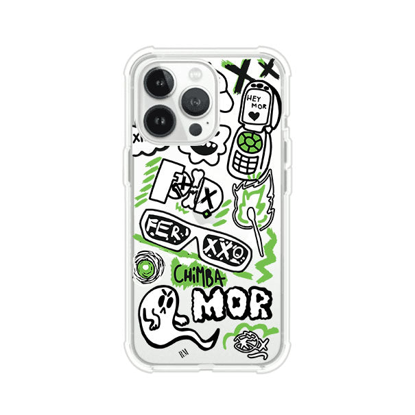 Funda para iPhone con diseño inspirado en FERXXO. Incluye stickers con frases como “CHIMBA MOR”, íconos urbanos y colores verde neón y negro. Estilo reggaetonero y atrevido, ideal para fans de Feid. Producto de Remark Mx