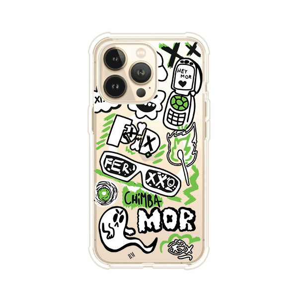 Funda para iPhone con diseño inspirado en FERXXO. Incluye stickers con frases como “CHIMBA MOR”, íconos urbanos y colores verde neón y negro. Estilo reggaetonero y atrevido, ideal para fans de Feid. Producto de Remark Mx