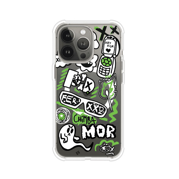 Funda para iPhone con diseño inspirado en FERXXO. Incluye stickers con frases como “CHIMBA MOR”, íconos urbanos y colores verde neón y negro. Estilo reggaetonero y atrevido, ideal para fans de Feid. Producto de Remark Mx