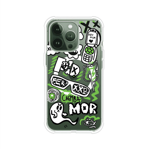 Funda para iPhone con diseño inspirado en FERXXO. Incluye stickers con frases como “CHIMBA MOR”, íconos urbanos y colores verde neón y negro. Estilo reggaetonero y atrevido, ideal para fans de Feid. Producto de Remark Mx