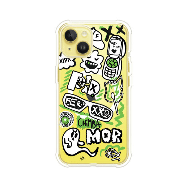 Funda para iPhone con diseño inspirado en FERXXO. Incluye stickers con frases como “CHIMBA MOR”, íconos urbanos y colores verde neón y negro. Estilo reggaetonero y atrevido, ideal para fans de Feid. Producto de Remark Mx