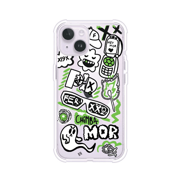 Funda para iPhone con diseño inspirado en FERXXO. Incluye stickers con frases como “CHIMBA MOR”, íconos urbanos y colores verde neón y negro. Estilo reggaetonero y atrevido, ideal para fans de Feid. Producto de Remark Mx