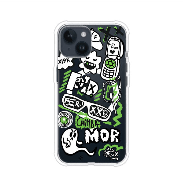 Funda para iPhone con diseño inspirado en FERXXO. Incluye stickers con frases como “CHIMBA MOR”, íconos urbanos y colores verde neón y negro. Estilo reggaetonero y atrevido, ideal para fans de Feid. Producto de Remark Mx