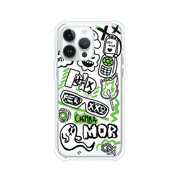Funda para iPhone con diseño inspirado en FERXXO. Incluye stickers con frases como “CHIMBA MOR”, íconos urbanos y colores verde neón y negro. Estilo reggaetonero y atrevido, ideal para fans de Feid. Producto de Remark Mx