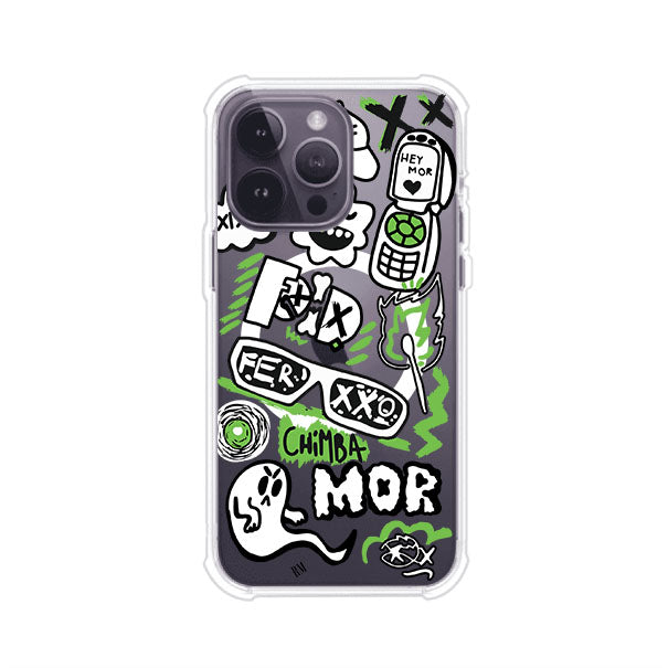 Funda para iPhone con diseño inspirado en FERXXO. Incluye stickers con frases como “CHIMBA MOR”, íconos urbanos y colores verde neón y negro. Estilo reggaetonero y atrevido, ideal para fans de Feid. Producto de Remark Mx